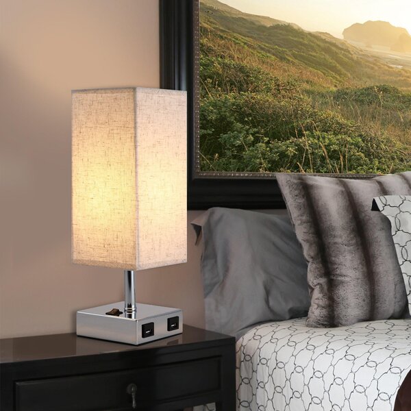 Lampada da Comodino Abat Jour con Paralume in Tessuto e 2 Porte USB E27 12x12x35 cm Crema