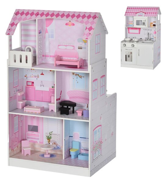 Casa delle Bambole Cucina Giocattolo 2 in 1 60x48x106 cm in Pino e MDF Rosa