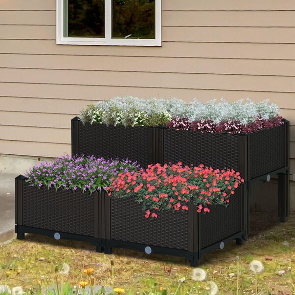 Set 4 Fioriere da Giardino Rialzate in Polipropilene Effetto Rattan Marrone