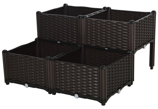Set 4 Fioriere da Giardino Rialzate in Polipropilene Effetto Rattan Marrone