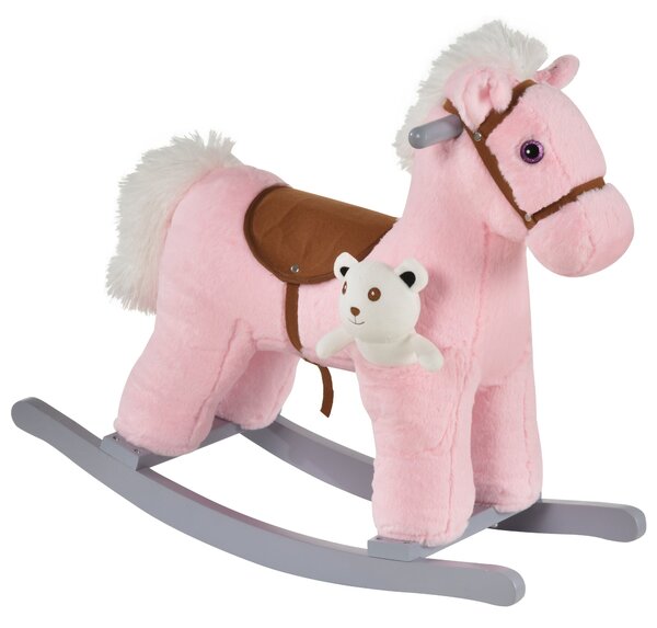 Cavallo a Dondolo in Peluche e Legno con Orsetto e Suoni Rosa