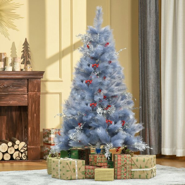 Albero di Natale Artificiale 150 cm 222 Rami con Foglie Argentate e Bacche Rosse