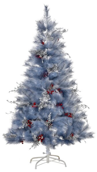Albero di Natale Artificiale 150 cm 222 Rami con Foglie Argentate e Bacche Rosse