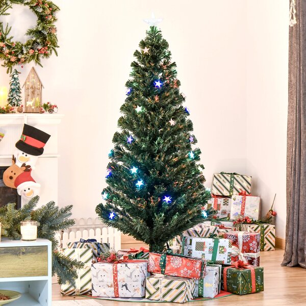 Albero di Natale Artificiale 150 cm 180 Rami 36 Luci LED e Fibre Ottiche Colorate Verde