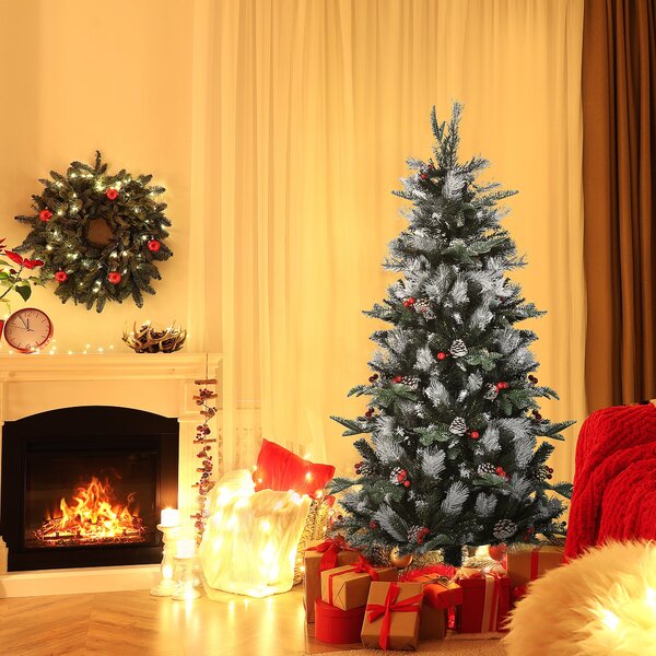 Albero di Natale Artificiale Innevato 150 cm 440 Rami con Bacche Rosse e Pigne Verde