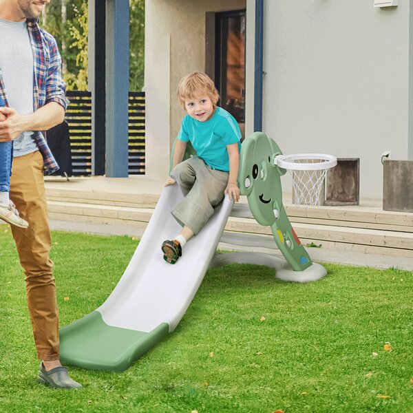 Scivolo per Bambini 146x68x68 cm con Canestro e Pallone Basket Verde e Bianco