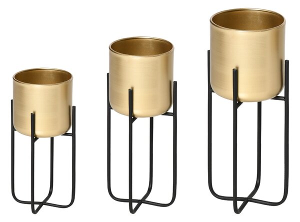 Set 3 Fioriere con Supporto in Metallo per Interni ed Esterni Oro