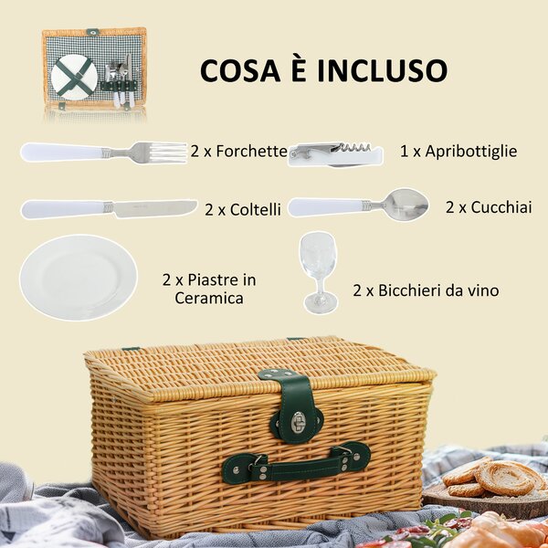 Outsunny Cesta da Pic Nic per 2 Persone in Vimini con Area Termica e Cavatappi, 40x30x20 cm, Marrone Chiaro