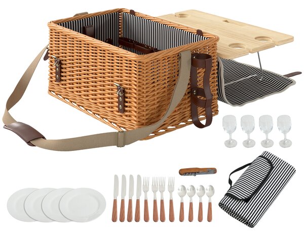 Cesta Valigetta da Pic Nic per 4 Persone 21 Pezzi in Vimini Marrone Chiaro