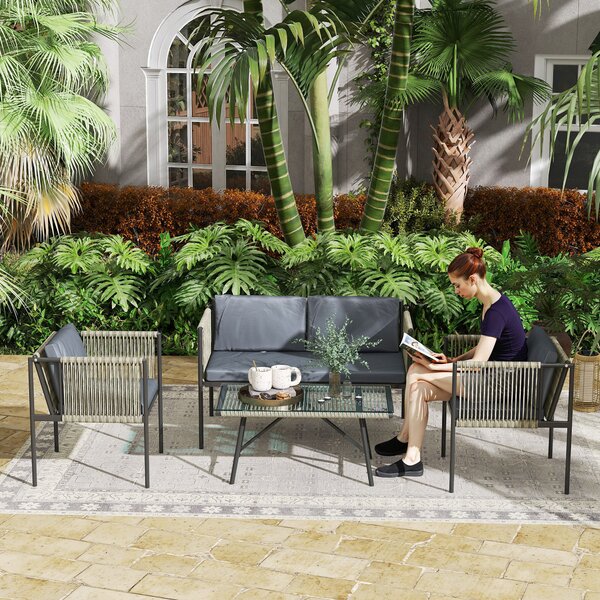 Outsunny Set Salotto da Giardino in Rattan con 2 Poltrone, Divanetto 2 Posti e Tavolino da Caffè in Vetro, Grigio
