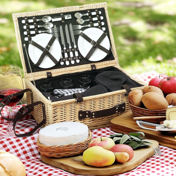 Outsunny Cesta da Pic Nic per 4 Persone con Area Frigo e Accessori, in Vimini, 54x34x20 cm, color Legno | Aosom Italy