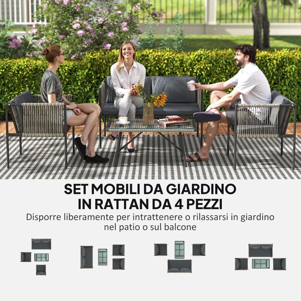 Outsunny Set Salotto da Giardino in Rattan con 2 Poltrone, Divanetto 2 Posti e Tavolino da Caffè in Vetro, Grigio