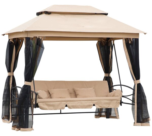 Dondolo 3 Posti 256x172x248 cm con Copertura a Gazebo e Zanzariera Beige e Nero