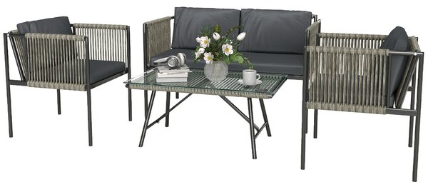 Outsunny Set Salotto da Giardino in Rattan con 2 Poltrone, Divanetto 2 Posti e Tavolino da Caffè in Vetro, Grigio