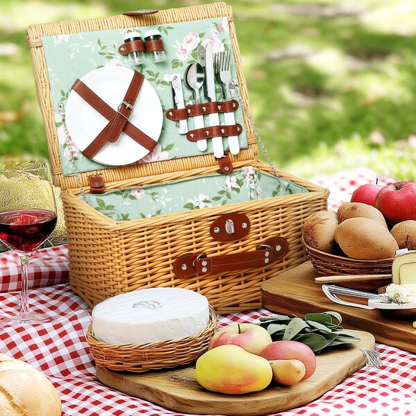 Outsunny Cestino da Picnic in Vimini per 2 Persone con Piatti, Calici, Cavatappi e Posate, 40x30x20 cm, Marrone | Aosom Italy