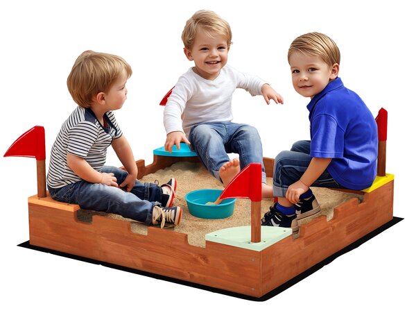 AIYAPLAY Sabbiera per Bambini 3-7 Anni a Forma di Castello con 4 Sedute in Legno di Abete, 90x90x17 cm, Multicolore | Aosom Italy