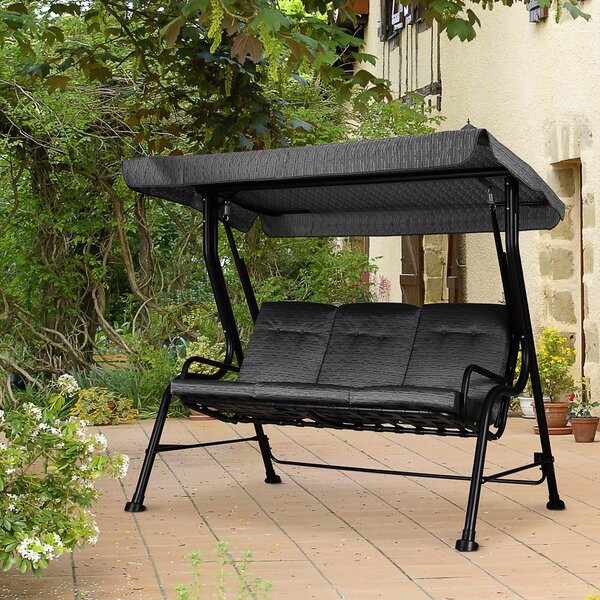 Dondolo 3 Posti 200x120x170 cm in Acciaio e Tessuto Nero