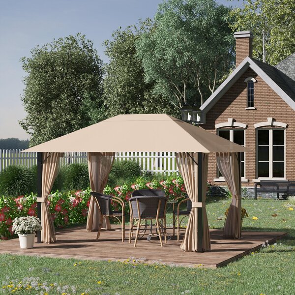 Gazebo da Giardino 3,98x2,98m con Zanzariere in Alluminio e Acciaio Cachi