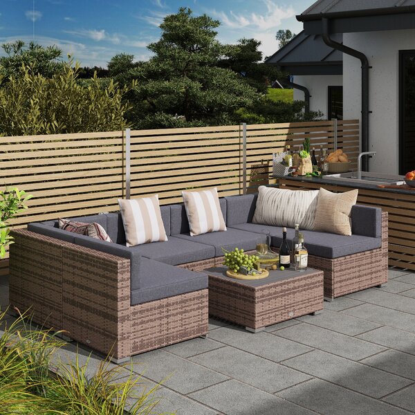 Outsunny Salotto da Giardino in Rattan da 7 Pezzi, Set di Mobili con Tavolino e Divano Modulabile con Cuscini, Grigio|Aosom