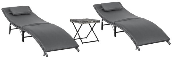 Set 2 Lettini Prendisole e Tavolino Pieghevoli in Rattan Grigio