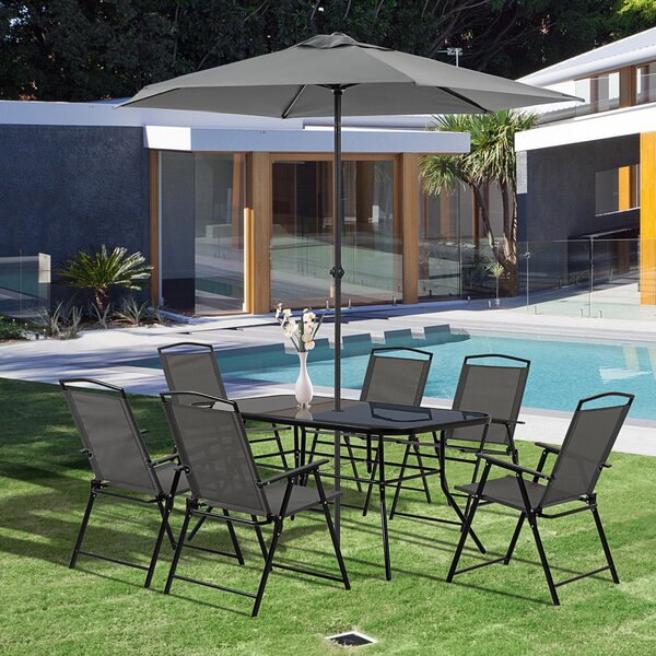 Set Tavolo 6 Sedie Pieghevoli e Ombrellone da Giardino Nero e Grigio
