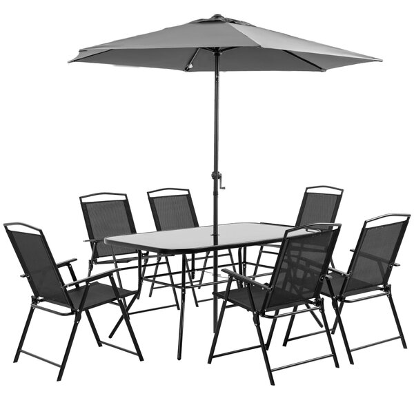Set Tavolo 6 Sedie Pieghevoli e Ombrellone da Giardino Nero e Grigio