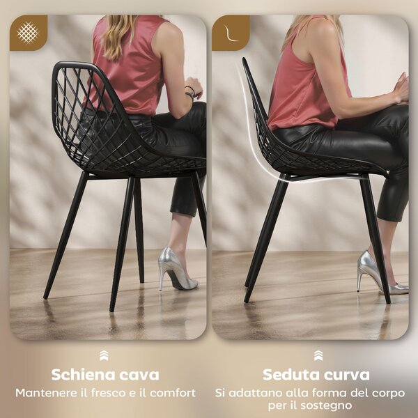 HOMCOM Set 4 Sedie da Pranzo Moderne con Schienale Traforato in Plastica e Gambe in Metallo, Nero | Aosom Italy