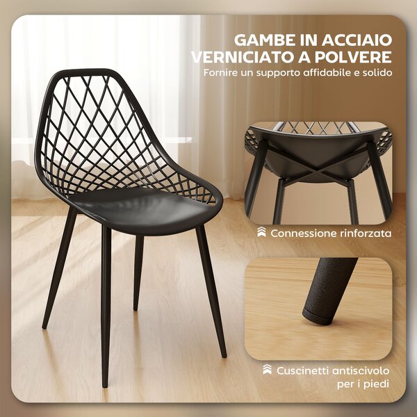 HOMCOM Set 4 Sedie da Pranzo Moderne con Schienale Traforato in Plastica e Gambe in Metallo, Nero | Aosom Italy