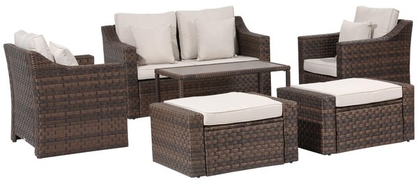 Set Salotto da Giardino Divano 2 Poltrone Tavolino e 2 Poggiapiedi in Rattan Marrone