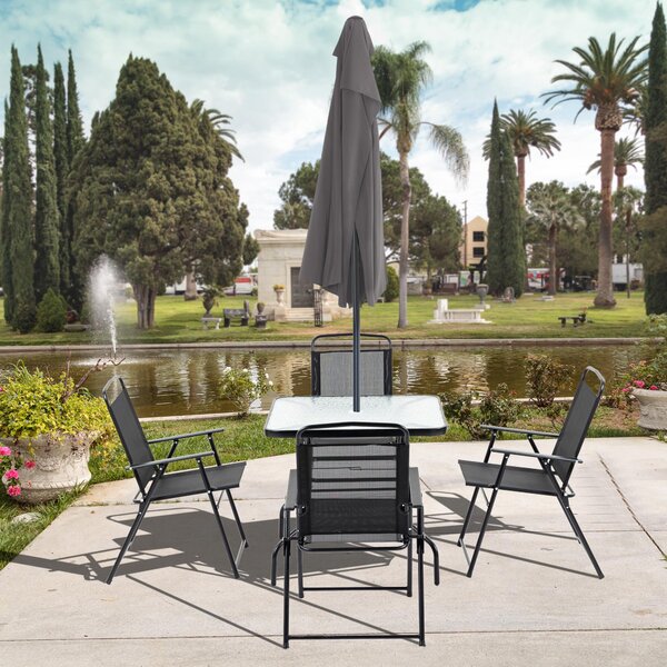 Set Tavolo e 4 Sedie da Giardino Pieghevoli in Metallo e Vetro Temperato Nero
