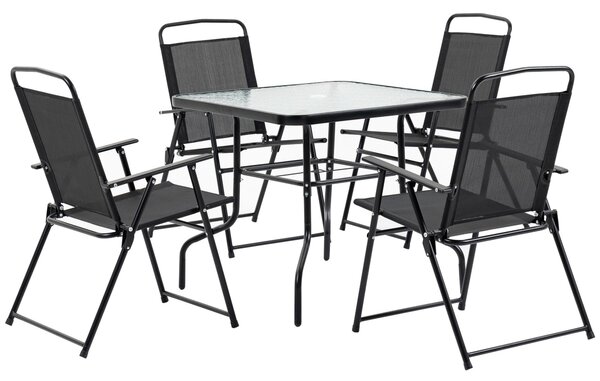 Set Tavolo e 4 Sedie da Giardino Pieghevoli in Metallo e Vetro Temperato Nero