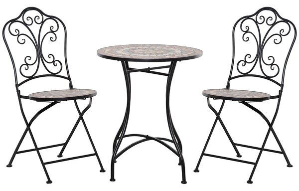 Set Tavolino e 2 Sedie Pieghevoli in Ceramica e Metallo Nero