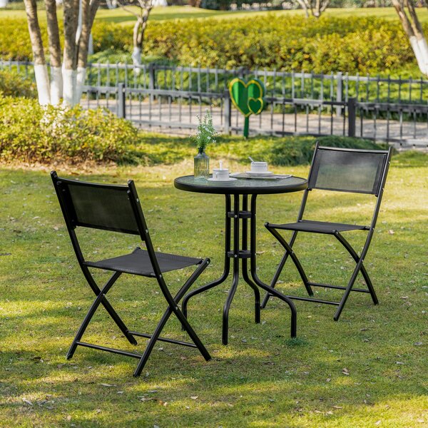 Set Tavolino e 2 Sedie Pieghevoli in Metallo Nero