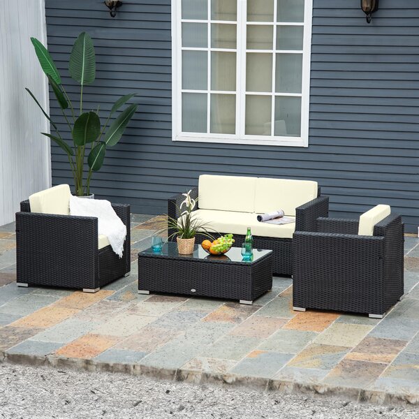 Set Salotto da Giardino Divano 2 Poltrone e Tavolino in Rattan Polietilene e Acciaio Crema