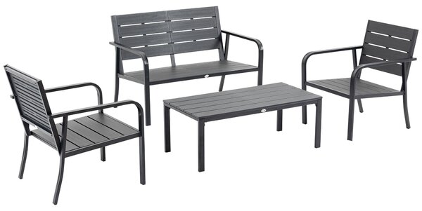 Set Salotto da Giardino Divano 2 Poltrone e Tavolino in Acciaio e HDPE Caffè