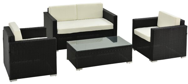 Set Salotto da Giardino Divano 2 Poltrone e Tavolino in Rattan Polietilene e Acciaio Crema