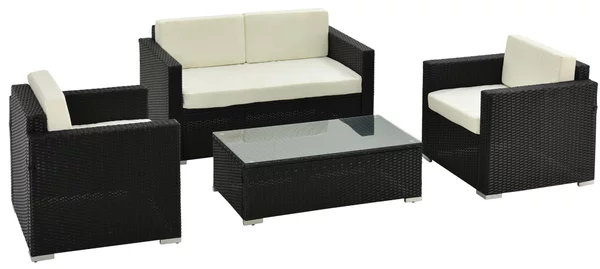 Set Salotto da Giardino Divano 2 Poltrone e Tavolino in Rattan Polietilene e Acciaio Crema
