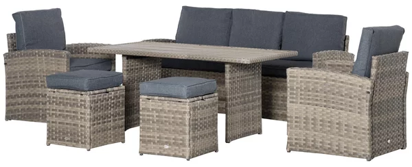 Set Salotto da Giardino Divano 2 Poltrone 2 Sgabelli e Tavolino in Rattan Polietilene Grigio