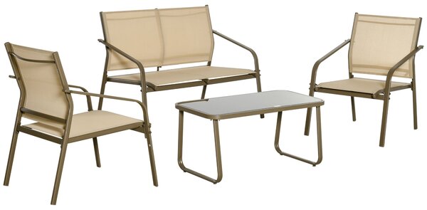 Set Salotto da Giardino Divano 2 Poltrone e Tavolino in Metallo e Texteline Cachi