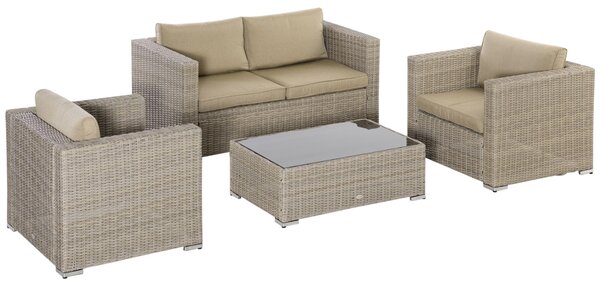 Set Salotto da Giardino Divano 2 Poltrone e Tavolino in Rattan Polietilene Cachi e Beige