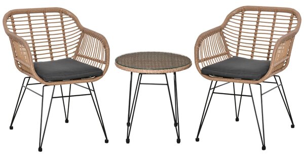 Set Tavolino e 2 Sedie da Giardino in Rattan PE Naturale Cuscini Grigi