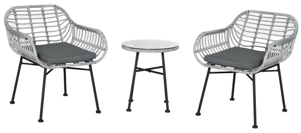 Set Tavolino e 2 Sedie da Giardino in Rattan PE e Cuscini Grigio