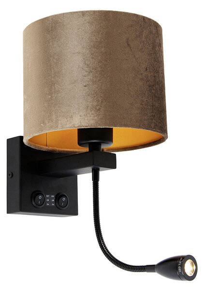 Lampada da parete nera con paralume in velluto marrone 18 cm - Brescia
