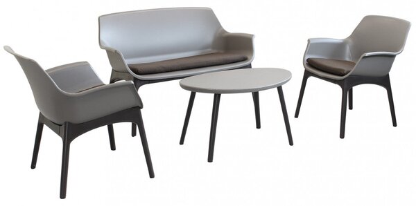 Set Salotto da Giardino Divano 2 Poltrone e Tavolino con Cuscini in Plastica Taupe
