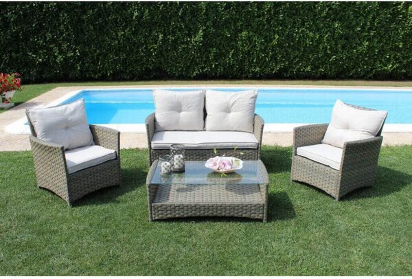 Set Salotto da Giardino Divano 2 Poltrone e Tavolino con Cuscini in Wicker Marrone