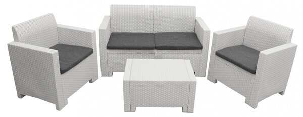 Set Salotto da Giardino Divano 2 Poltrone e Tavolino con Cuscini in Plastica Bianco