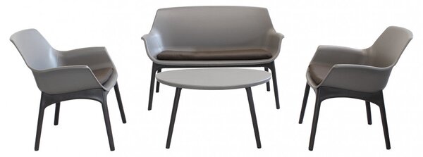 Set Salotto da Giardino Divano 2 Poltrone e Tavolino con Cuscini in Plastica Taupe