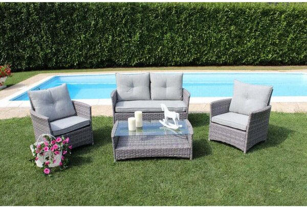 Set Salotto da Giardino Divano 2 Poltrone e Tavolino con Cuscini in Wicker Grigio