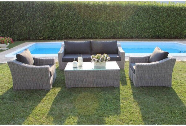 Set Salotto da Giardino Divano 2 Poltrone e Tavolino con Cuscini in Wicker Grigio
