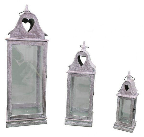 Set 3 Lanterne Estelle in Metallo e Legno Bianco Ossidato